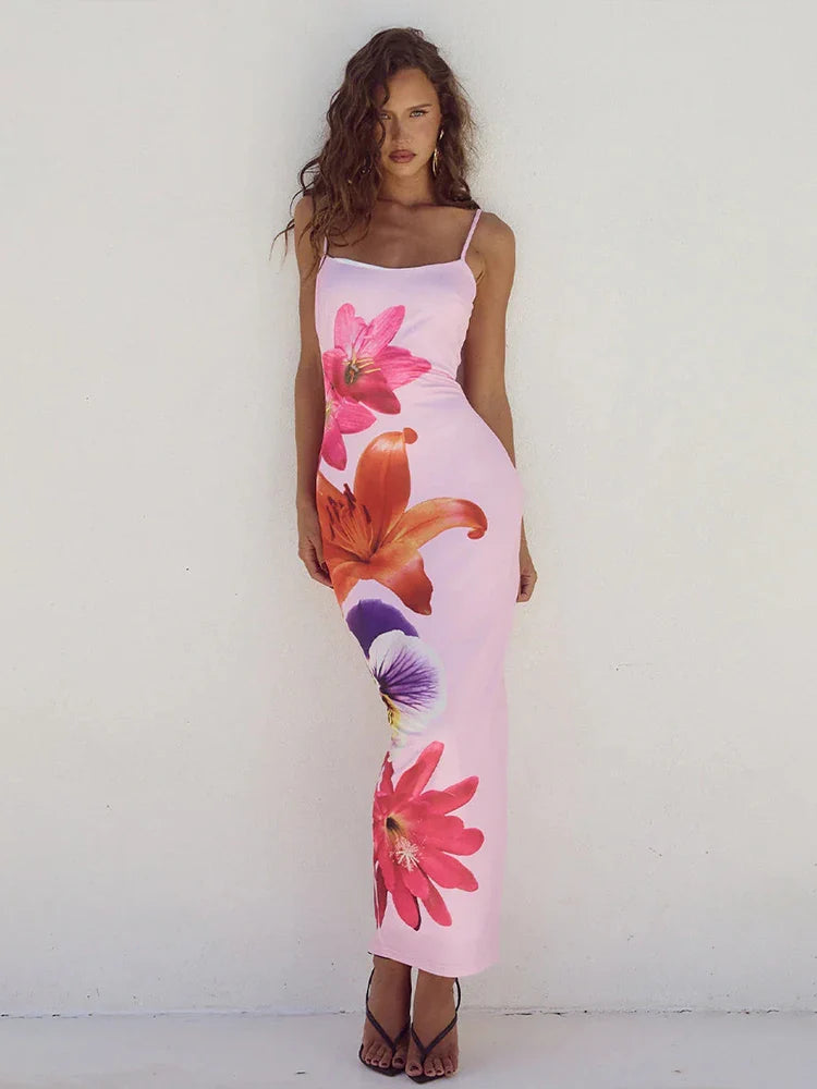 Retro Polka - Dot Maxi Dresses for a Nostalgic FeelFlower Print Slim Bodycon Spaghetti Strap Backless Sexy Spring Summer Maxi Dress