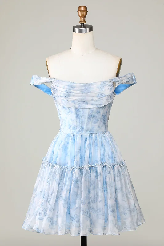 "White dresses for women for a fresh and clean look"Cute A Line Off the Shoulder Blue Printed Short Homecoming Dress with Ruffles "White dresses for women for a fresh and clean look"Cute A Line Off the Shoulder Blue Printed Short Homecoming Dress with Ruffles