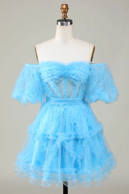 "Seasonal Sale: Save Big on Women's Dresses for Every Occasion"Cute A line Blue Tulle Off The Shoulder Short Homecoming Dress