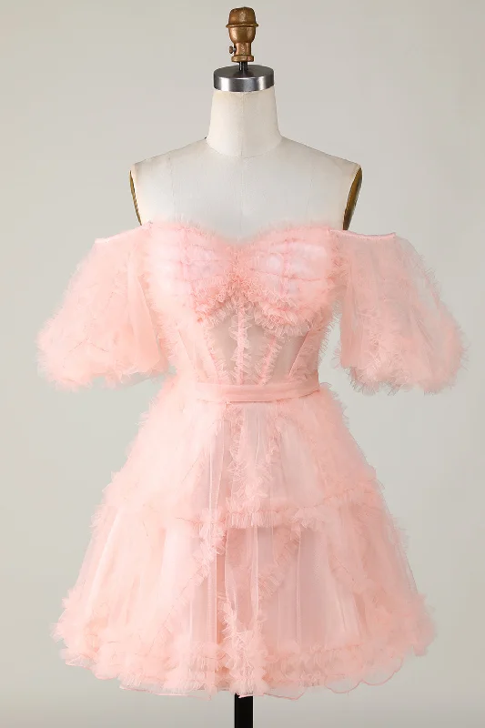 "Boho wedding dresses for women for a free - spirited vibe"Cute A line Blush Tulle Off The Shoulder Short Homecoming Dress "Boho wedding dresses for women for a free - spirited vibe"Cute A line Blush Tulle Off The Shoulder Short Homecoming Dress
