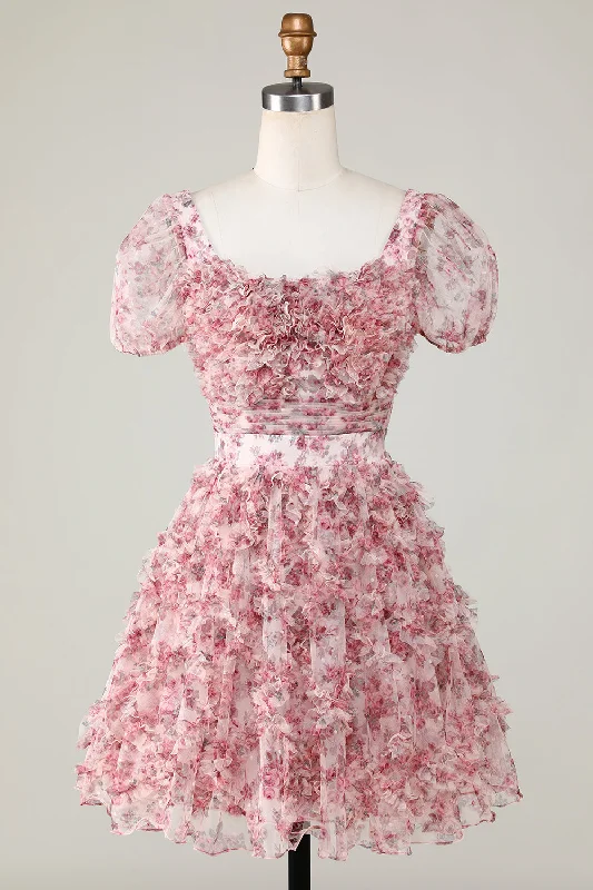 "Floral print dresses for women for a feminine look"Cute A Line Floral Ivory Red Flower Homecoming Dress with Ruffles "Floral print dresses for women for a feminine look"Cute A Line Floral Ivory Red Flower Homecoming Dress with Ruffles