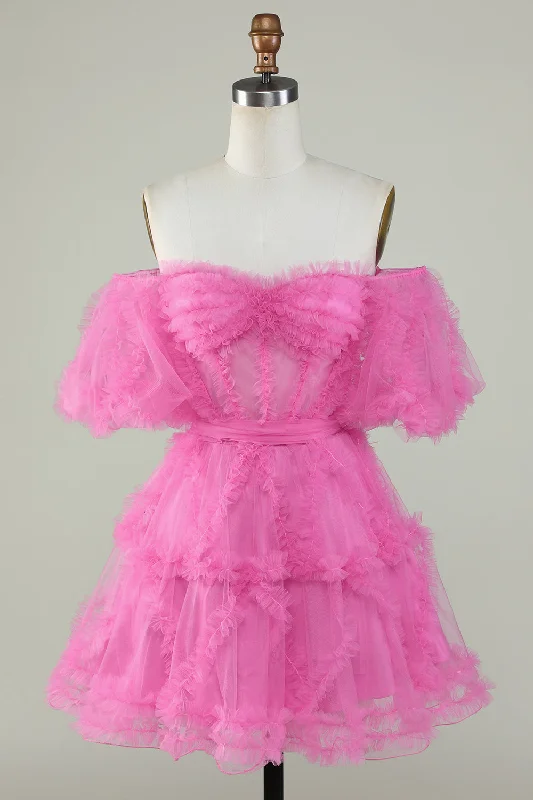 "Short dresses for women for a night out clubbing"Cute A Line Off the Shoulder Pink Tulle Homecoming Dress