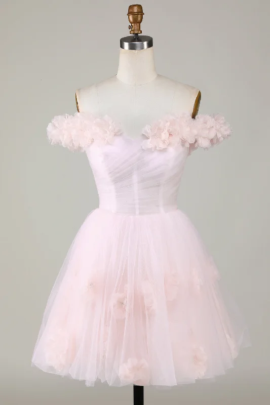 "Striped dresses for women with a classic touch"Cute A Line Off the Shoulder Pink Short Homecoming Dress with Flowers "Striped dresses for women with a classic touch"Cute A Line Off the Shoulder Pink Short Homecoming Dress with Flowers