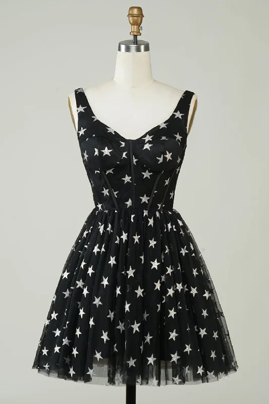 "Bohemian - style women's dresses for music festivals"Cute A Line V Neck Black Tulle Short Homecoming Dress with Stars "Bohemian - style women's dresses for music festivals"Cute A Line V Neck Black Tulle Short Homecoming Dress with Stars