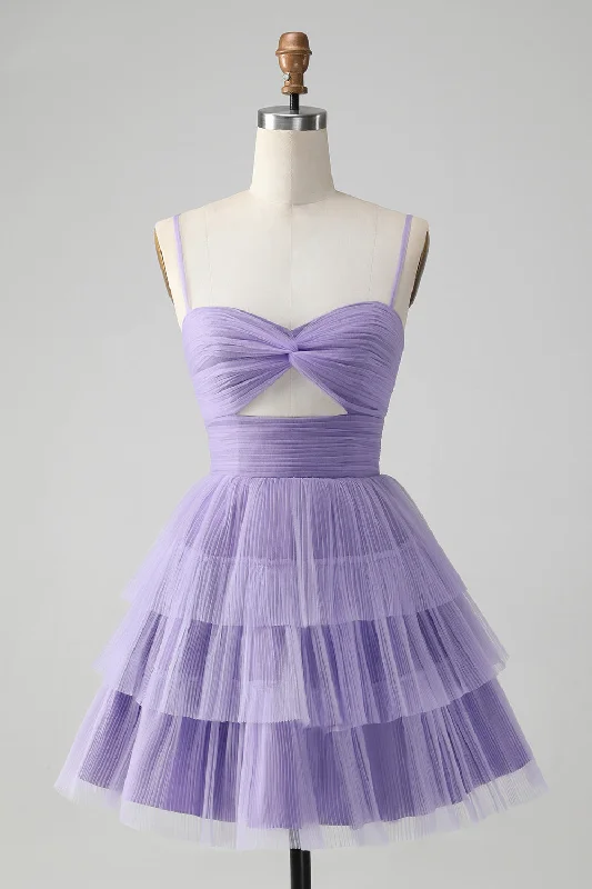 Vintage Inspired Tea Length Dresses for Ladies with Ruffled CollarCute Purple A Line Spaghetti Straps Tulle Tiered Short Homecoming Dress