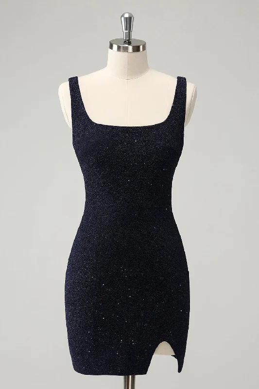 Dresses with Beaded Floral Wreath on the Bodice and High Low Hem for Ladies' Delicate and Dramatic LookSparkly Dark Blue Square Neck Bodycon Mini Homecoming Dress With Slit