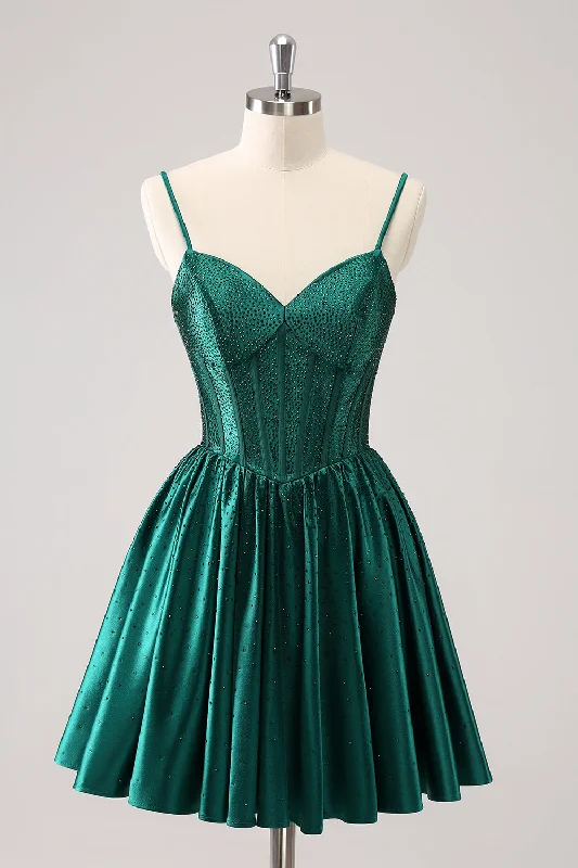 Dresses with Sequined Hearts and Ruffled Hem and Satin and Lace Combo for Ladies' Romantic and Feminine LookDark Green A-Line Spaghetti Straps Corset Pleated Homecoming Dress