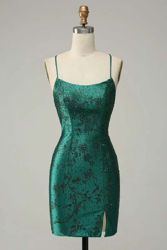 Dresses with Asymmetric Hem for Ladies' Unique StyleDark Green Beaded Bodycon Homecoming Dress With Criss Cross Back