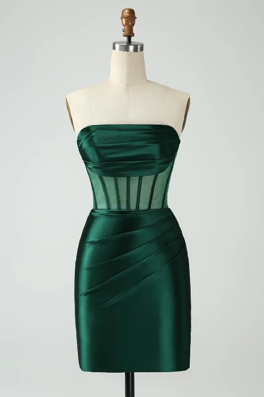 Tulle Dresses with Beaded Waistband for Ladies' Graceful LookDark Green Corset Strapless Bodycon Short Homecoming Dress