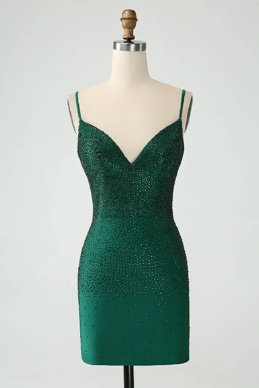 Dresses with Bell Sleeves for Ladies' Playful and Feminine LookDark Green Bodycon Spagehtti Straps Backless Homecoming Dress with Beading