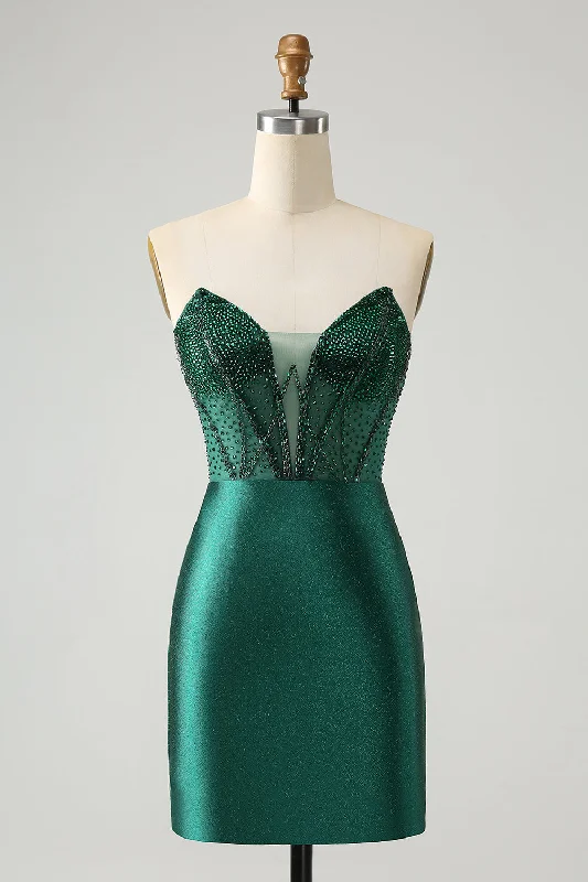 Sleeveless Dresses with Sequined Neckline for Ladies' Glamorous LookDark Green Bodycon Strapless Corset Short Homecoming Dress