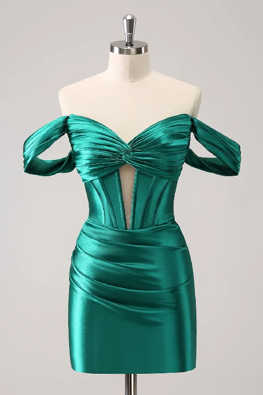 Dresses with Satin Trimmed Collar and Bow Back and Embroidered Skirt for Ladies' Classic and Glamorous LookDark Green Tight Off the Shoulder Corset Satin Homecoming Dress