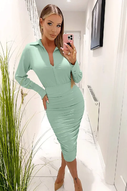 "Beach wedding dresses for women for a laid - back ceremony"Duck Egg Bodycon Long Sleeve Shirt Dress "Beach wedding dresses for women for a laid - back ceremony"Duck Egg Bodycon Long Sleeve Shirt Dress