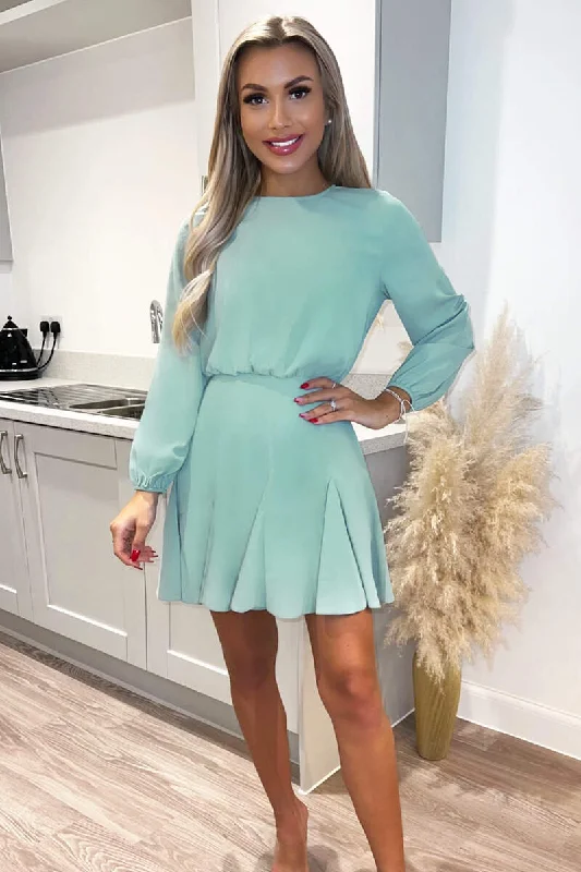 "Affordable plus size women's summer dresses"Duck Egg Long Sleeve Frill Skirt Dress "Affordable plus size women's summer dresses"Duck Egg Long Sleeve Frill Skirt Dress