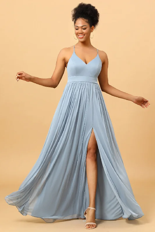 "Trendy casual dresses for women to wear at the beach"Dusty Blue A-Line Long Chiffon Bridesmaid Dress with Slit "Trendy casual dresses for women to wear at the beach"Dusty Blue A-Line Long Chiffon Bridesmaid Dress with Slit