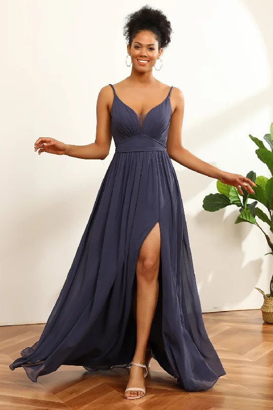 "Chiffon dresses for women with a flowy and light feel"Dusty Blue Ruched Long Chiffon Bridesmaid Dress with Slit