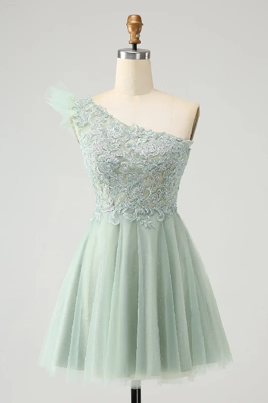 Dresses with Sequined Bodice and Chiffon Overlay for Ladies' Elegant ContrastCute Dusty Sage Green A Line One Shoulder Tulle Homecoming Dress with Appliques