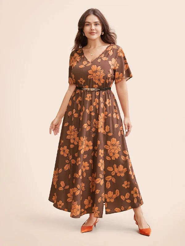 Maxi Dresses for Outdoor Garden WeddingsFloral Elastic Waist Split Front Dress