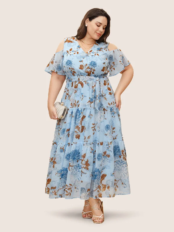 Vintage - Inspired Maxi Dresses with Puffed SleevesFloral Wrap Mesh Ruffle Sleeve Dress