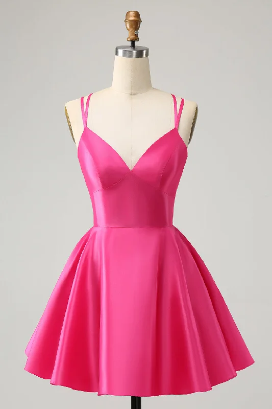 Dresses with Ruffled Sleeveless Top and Sequined Bodice and Tulle Skirt for Ladies' Dramatic and Glamorous LookFuchsia A Line Spaghetti Straps Backless Short Cute Homecoming Dress