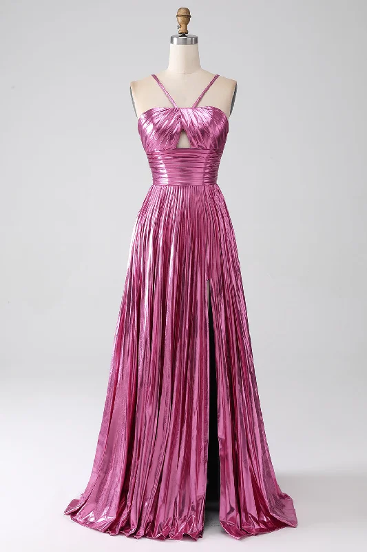 Dresses with High Neck and Embroidered Back for Ladies' Modest and Intricate LookFuchsia A-Line Spaghetti Straps Pleated Metallic Prom Dress with Slit