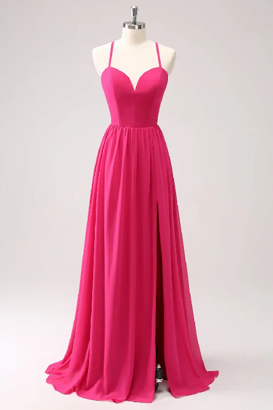 Dresses with Pleated Tulle Skirt and Sequined Geometric Shapes and Lace Overlay for Ladies' Princess and Feminine LookFuchsia Spaghetti Straps Chiffon Long Bridesmaid Dress with Slit