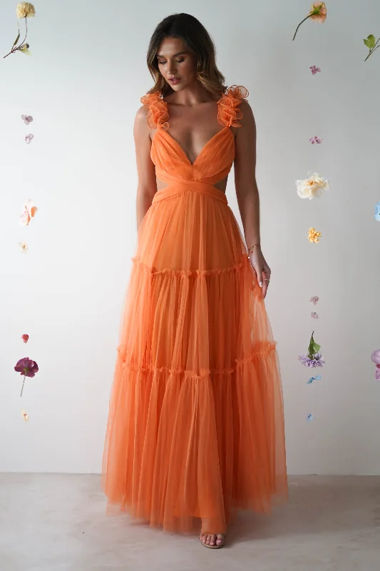 Fiery Red Maxi Dresses for a Dramatic LookGaliena Ruffle Tulle Maxi Dress | Orange