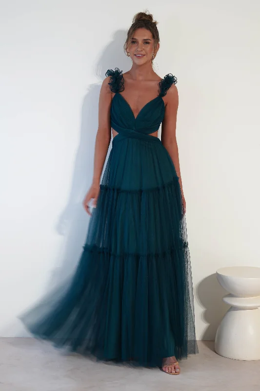 Elegant Silk Maxi Dresses with High SlitsGaliena Ruffle Tulle Maxi Dress | Teal