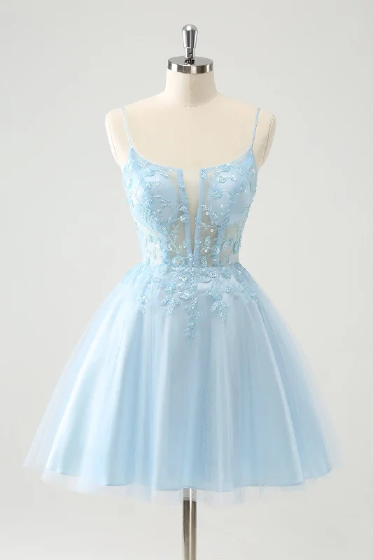 Dresses with Lace and Tulle Combo for Ladies' Dreamy LookCute Glitter Blue A Line Beaded Corset Tulle Homecoming Dress with Appliques