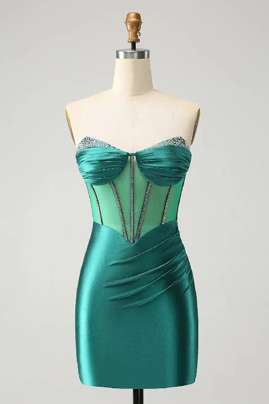 Dresses with High Neck and Embroidered Back for Ladies' Modest and Intricate LookGlitter Dark Green Strapless Corset Tight Homecoming Dress with Beading