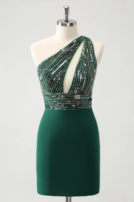 Dresses with Bell Sleeves for Ladies' Playful and Feminine LookGlitter Dark Green Tight One Shoulder Cut-Out Homecoming Dress