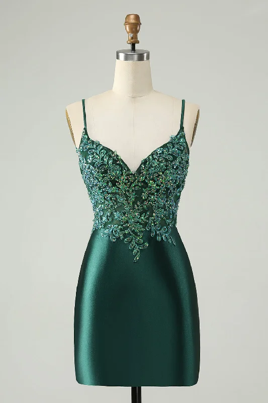 Dresses with Satin Trimmed Collar and Bow Back and Embroidered Skirt for Ladies' Classic and Glamorous LookGlitter Dark Green Tight V Neck Short Homecoming Dress with Sequins