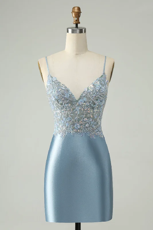 Velvet Dresses with Satin Trim for Ladies' Luxurious FeelGlitter Dusty Blue Beaded Floral Tight Satin Homecoming Dress