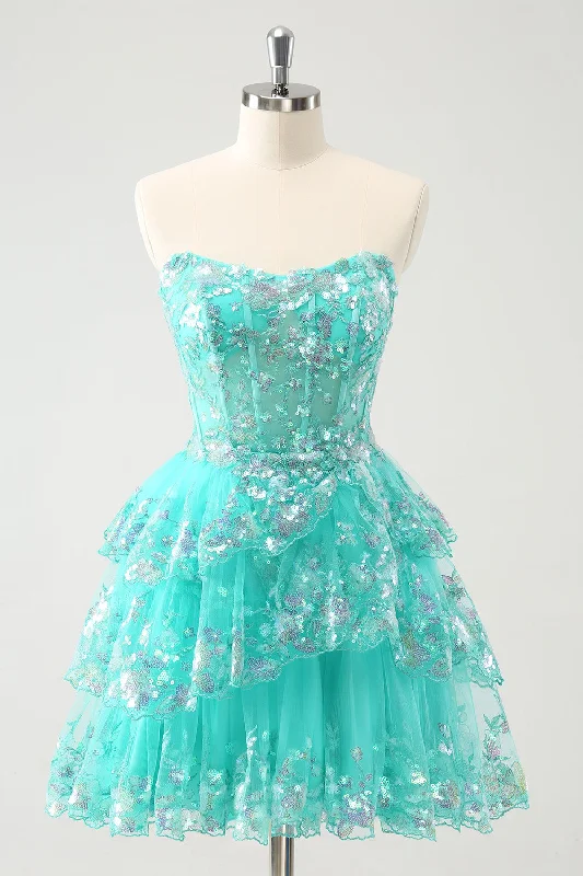 Tulle Dresses with Beaded Waistband for Ladies' Graceful LookCute Glitter Green A Line Strapless Sequined Tiered Corset Homecoming Dress