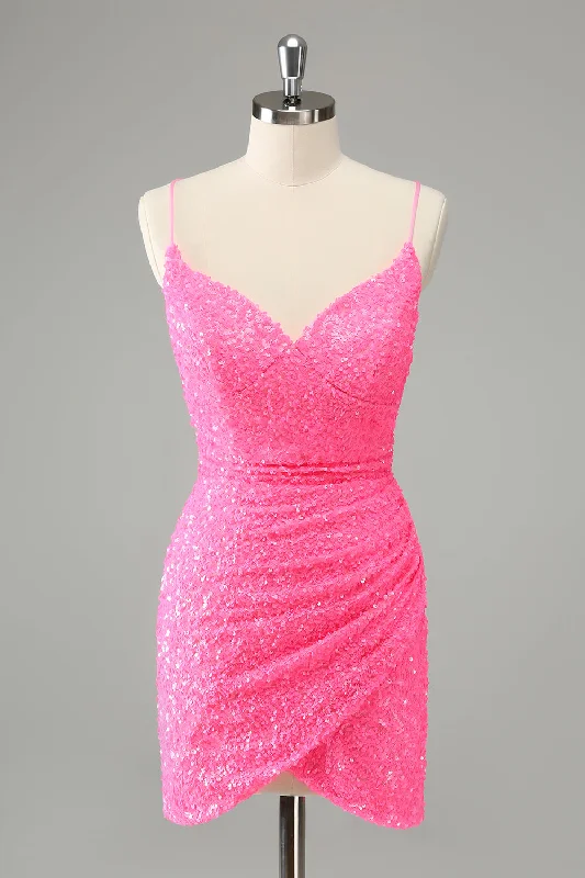 Dresses with Ruffled Hem and Bow at the Waist for Ladies' Sweet and Feminine LookGlitter Hot Pink Tight Spaghetti Straps Sequins Short Homecoming Dress