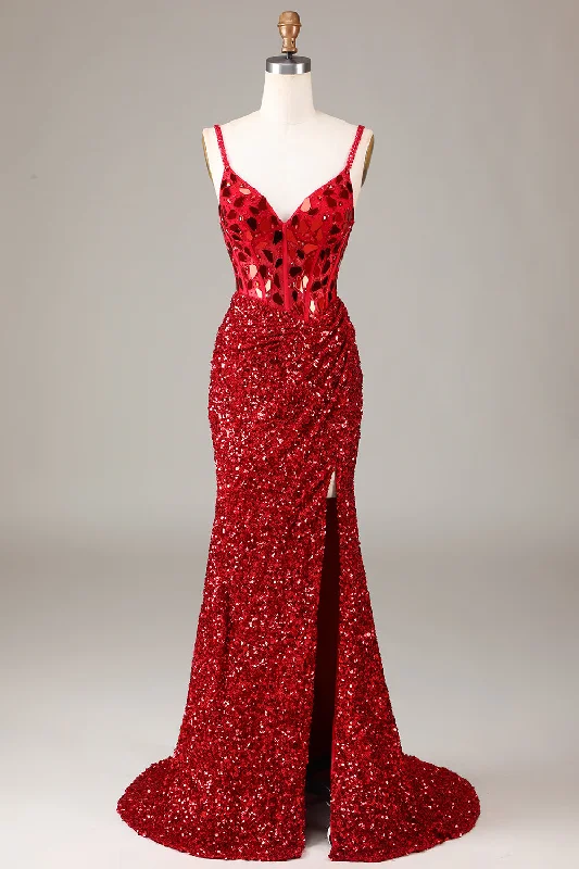 Sleeveless Dresses with Sequined Neckline for Ladies' Glamorous LookGlitter Mirror Sequins Red Corset Prom Dress with Slit