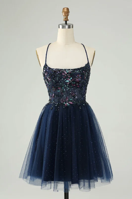 Long Sleeve Knit Dresses for Ladies' Winter ComfortGlitter Navy A-Line Sequined Tulle Homecoming Dress