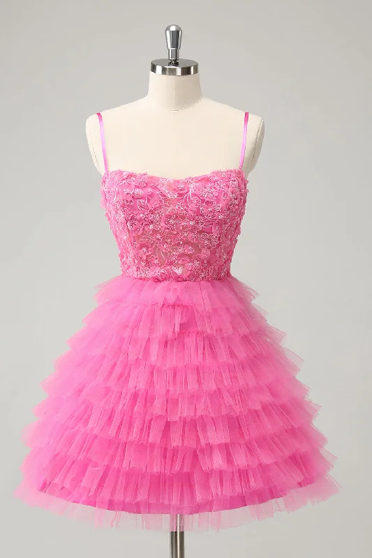 Dresses with Sequined Star Motifs and Sheer Sleeve for Ladies' Celestial and Flirty LookGlitter Pink A Line Spaghetti Straps Tiered Flowers Tulle Cute Homecoming Dress