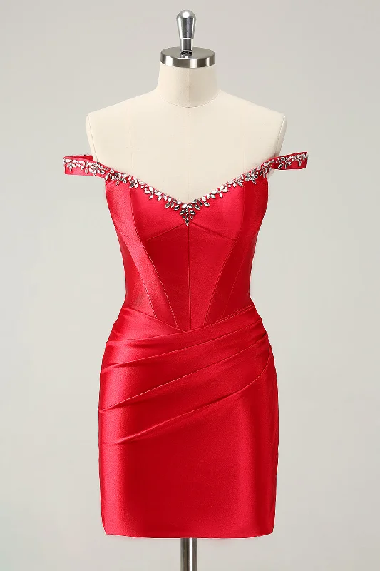 Mesh Paneled Dresses for Ladies' Modern EdgeGlitter Red Beaded Off the Shoulder Satin Tight Homecoming Dress