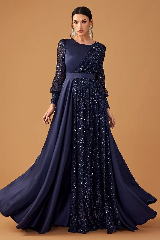 Dresses with Sheer Panels for Ladies' Sultry and Alluring LookGlitter Sequins Navy A Line Long Prom Dress with Long Sleeves