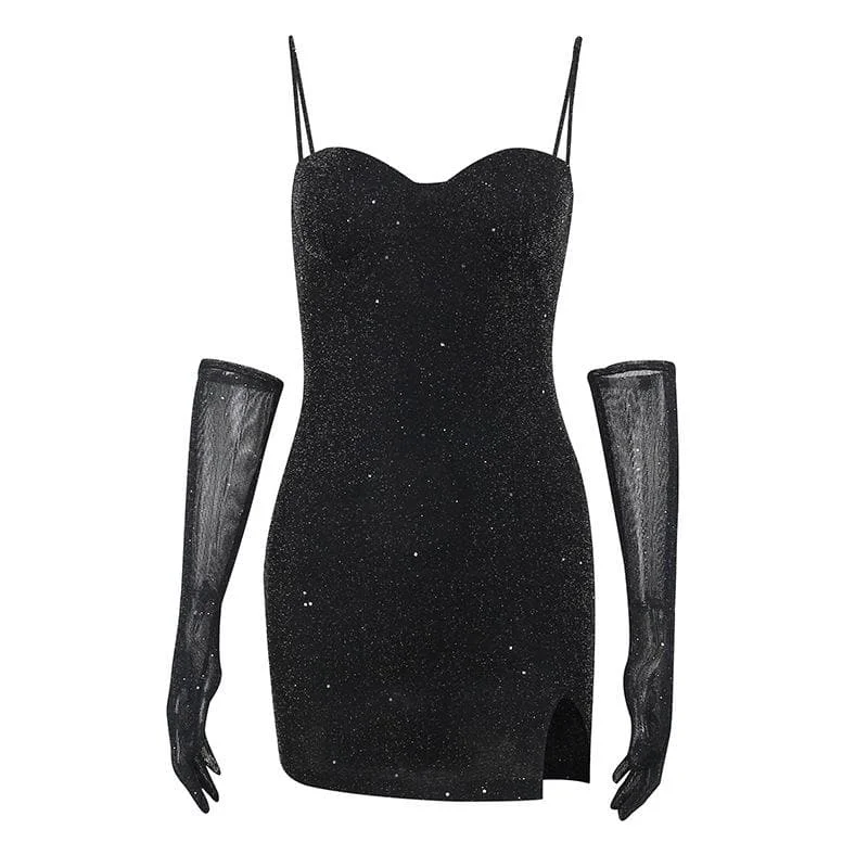 "Designer - inspired women's evening dresses"BerryBetty - Gloves solid beaded slit sweetheart neck cami mini dress "Designer - inspired women's evening dresses"BerryBetty - Gloves solid beaded slit sweetheart neck cami mini dress