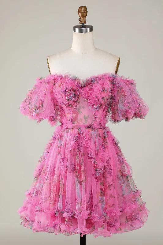"Pleated dresses for women with a graceful movement"Gorgeous A Line Off the Shoulder Fuchsia Tulle Short Homecoming Dress with Short Sleeves "Pleated dresses for women with a graceful movement"Gorgeous A Line Off the Shoulder Fuchsia Tulle Short Homecoming Dress with Short Sleeves