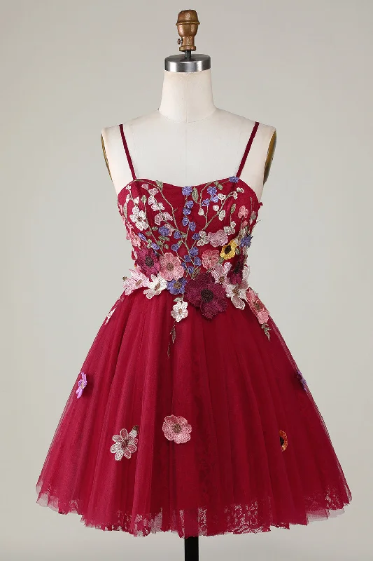 "Red dresses for women to make a bold statement"Gorgeous A Line Spaghetti Straps Burgundy Short Homecoming Dress with 3D Flowers "Red dresses for women to make a bold statement"Gorgeous A Line Spaghetti Straps Burgundy Short Homecoming Dress with 3D Flowers