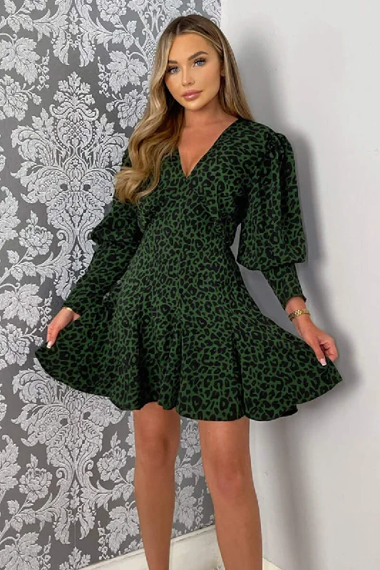 "Mother of the groom dresses for women in sophisticated designs"Green Animal Print V-Neck Long Sleeve Skater Dress "Mother of the groom dresses for women in sophisticated designs"Green Animal Print V-Neck Long Sleeve Skater Dress