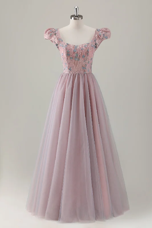 Dresses with Sequined Geometric Shapes for Ladies' Modern and Stylish LookGrey Pink Floral A-Line Long Prom Dress with Short Sleeves