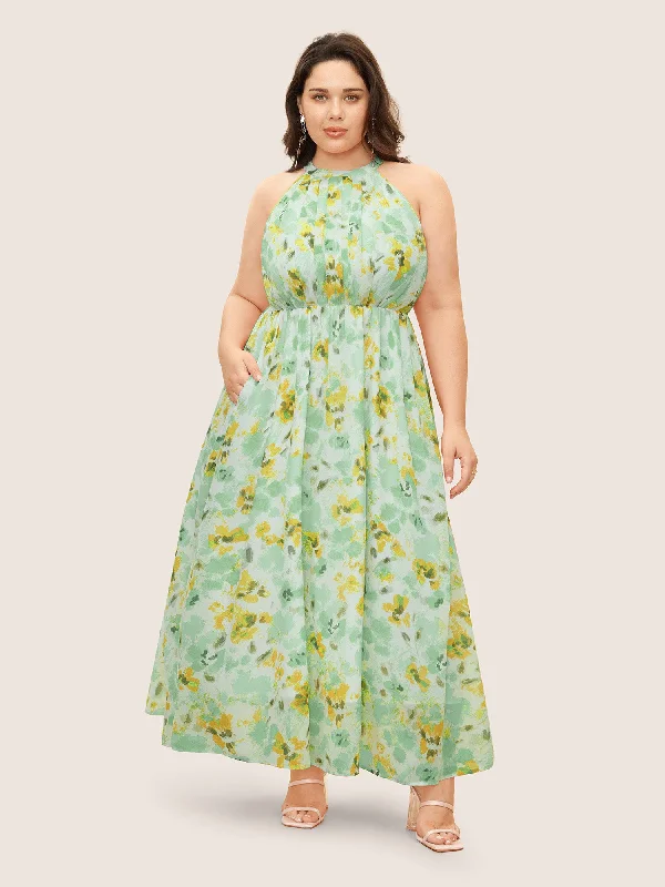 Sequin - Embellished Maxi Dresses for GalasHalter Neck Floral Pleated Pocket Dress