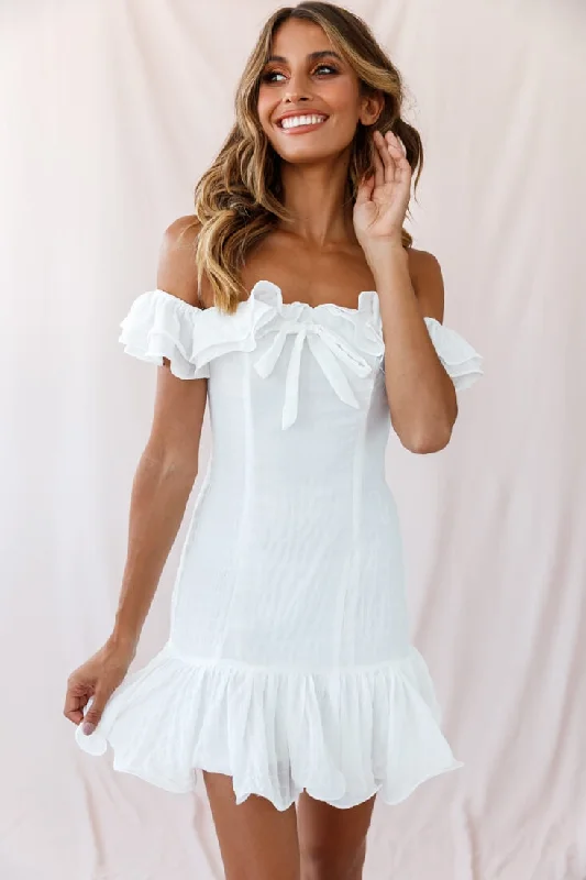 "Shirt dresses for women for a smart - casual style"Heaven Bardot Neckline Ruffle Trim Dress White "Shirt dresses for women for a smart - casual style"Heaven Bardot Neckline Ruffle Trim Dress White