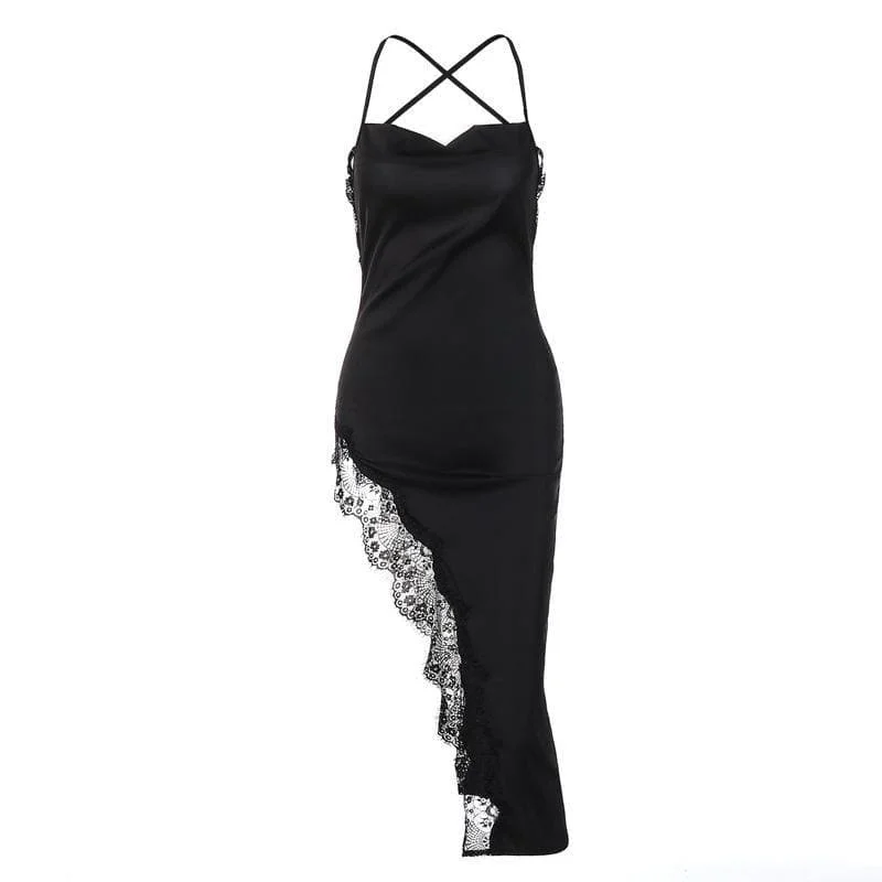 "Long sleeve dresses for women in cold weather"BerryBetty - Hem lace slit satin cross open back dress