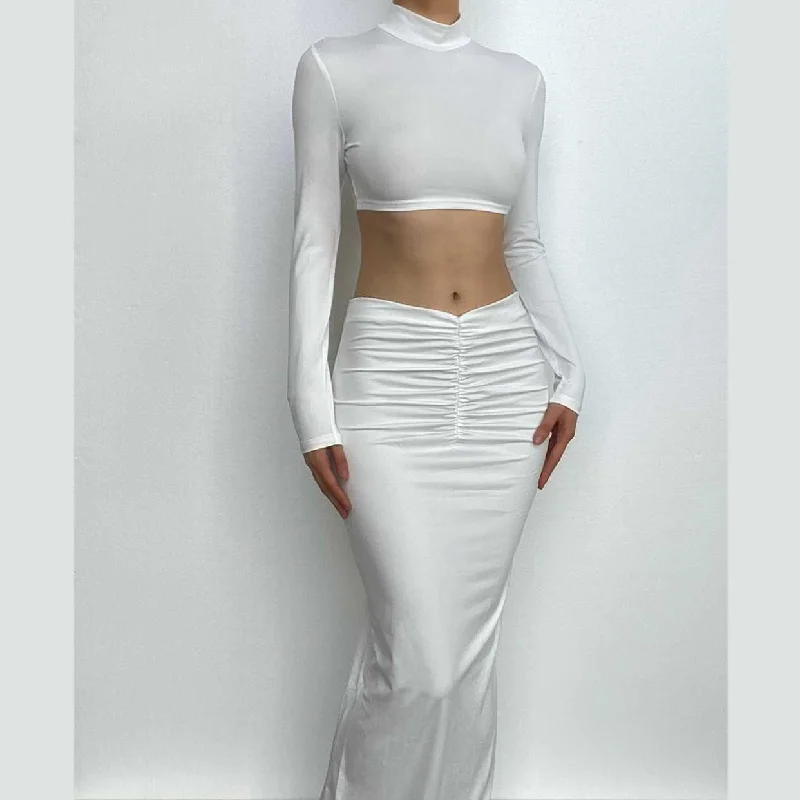 "Bundle and Save: Buy Multiple Women's Dresses and Get a Discount"BerryBetty - High neck long sleeve ruched solid maxi skirt set "Bundle and Save: Buy Multiple Women's Dresses and Get a Discount"BerryBetty - High neck long sleeve ruched solid maxi skirt set