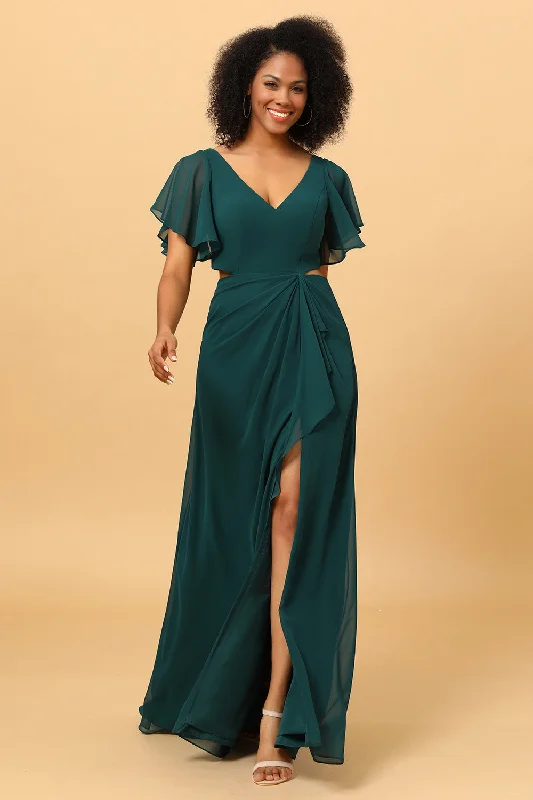 "Vintage - look women's dresses for a retro charm"Hollow-out Chiffon Green Bridesmaid Dress with Ruffles Sleeves "Vintage - look women's dresses for a retro charm"Hollow-out Chiffon Green Bridesmaid Dress with Ruffles Sleeves